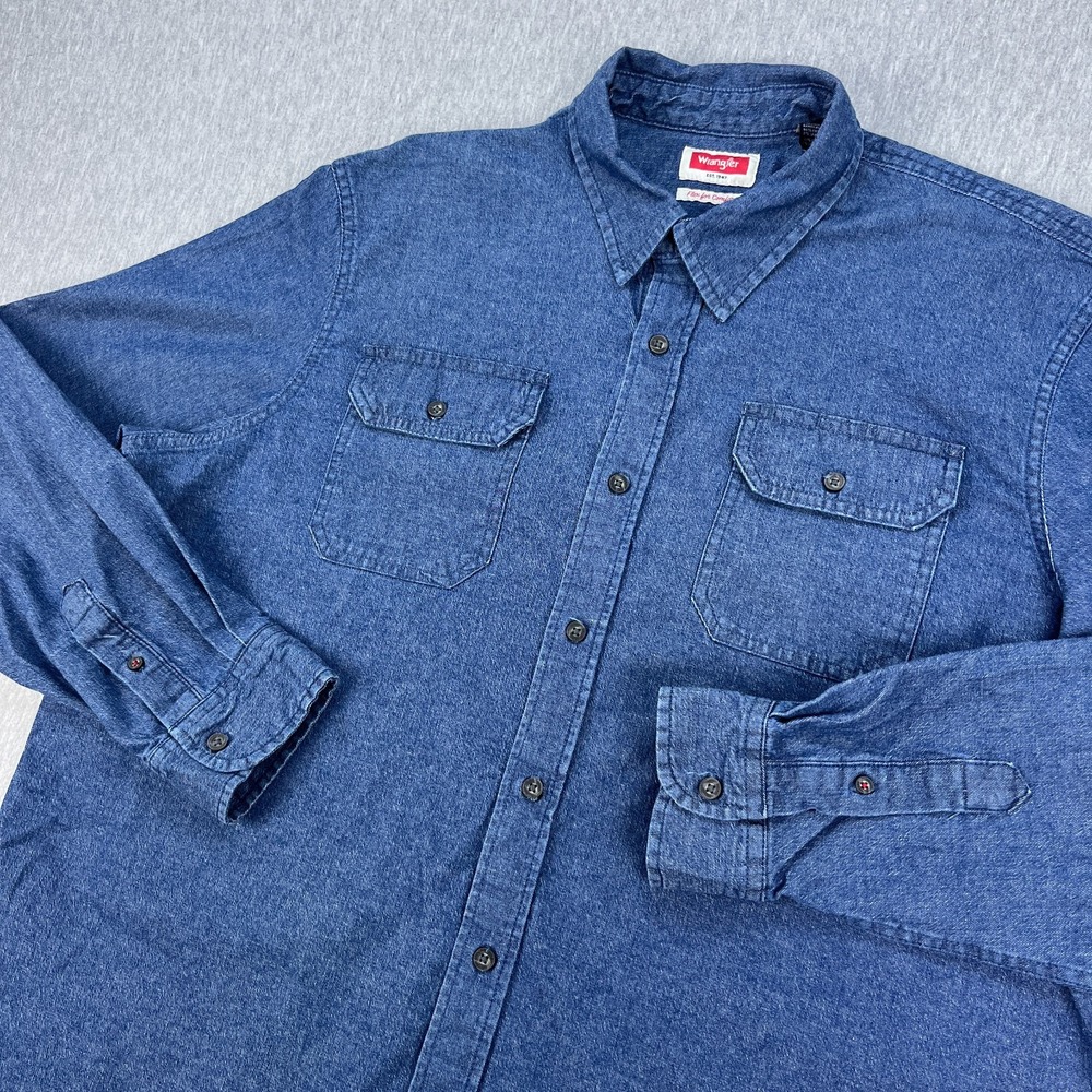 Wrangler Denim Shirt Mens XL Blue Button-Up Cotton Flex Stretch Boxy Wide Work